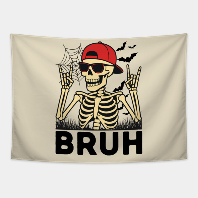 Bruh Rock On Skeleton Halloween Tapestry by The WYLD Tribe
