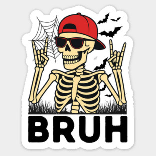 Bruh Rock On Skeleton Halloween Sticker