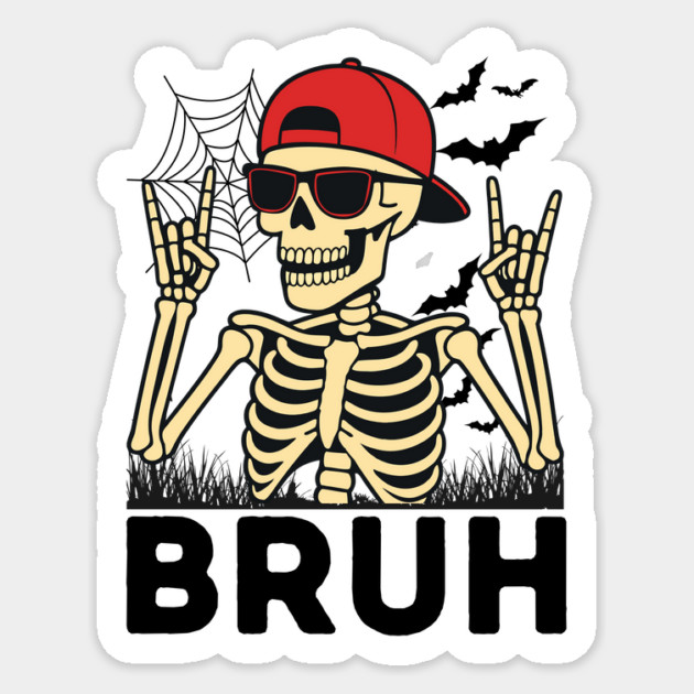 Bruh Rock On Skeleton Halloween Sticker by The WYLD Tribe