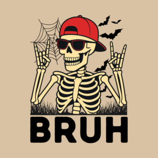 Bruh Rock On Skeleton Halloween T-Shirt