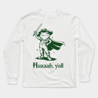 Funny Frog in Overalls Cheering Huzzah, Y'all! vintage retro design Long Sleeve T-Shirt