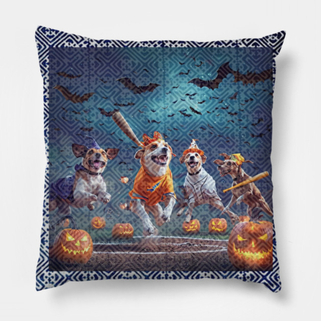 Tribal Home Run under Spooky Skies – Dogs’ Halloween Baseball Glow Pillow by Pimcolle