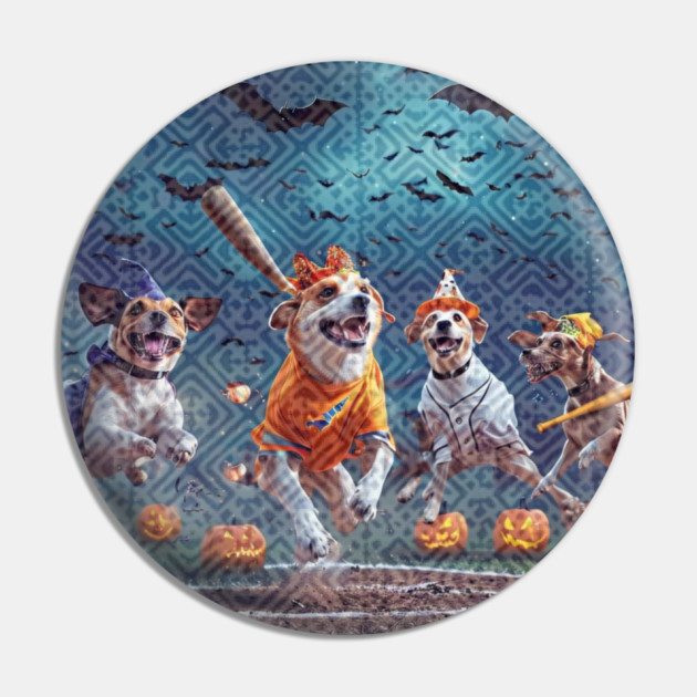 Tribal Home Run under Spooky Skies – Dogs’ Halloween Baseball Glow Pin by Pimcolle