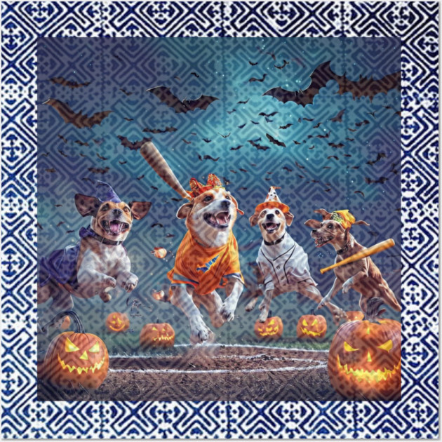 Tribal Home Run under Spooky Skies – Dogs’ Halloween Baseball Glow Wall Art by Pimcolle