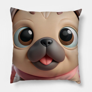 Adorable Fat Pug Puppy in Pink - Cute Cartoon Dog Art Pillow