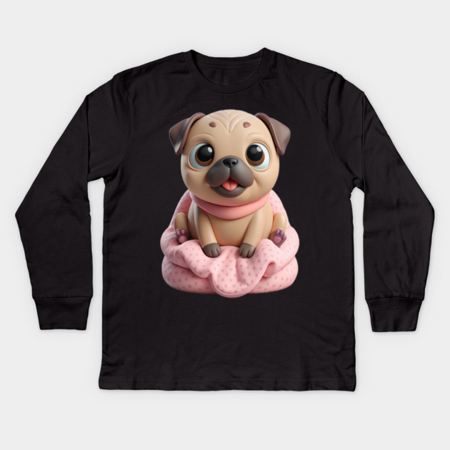 Adorable Fat Pug Puppy in Pink - Cute Cartoon Dog Art Kids Long Sleeve T-Shirt by IamActiveDog