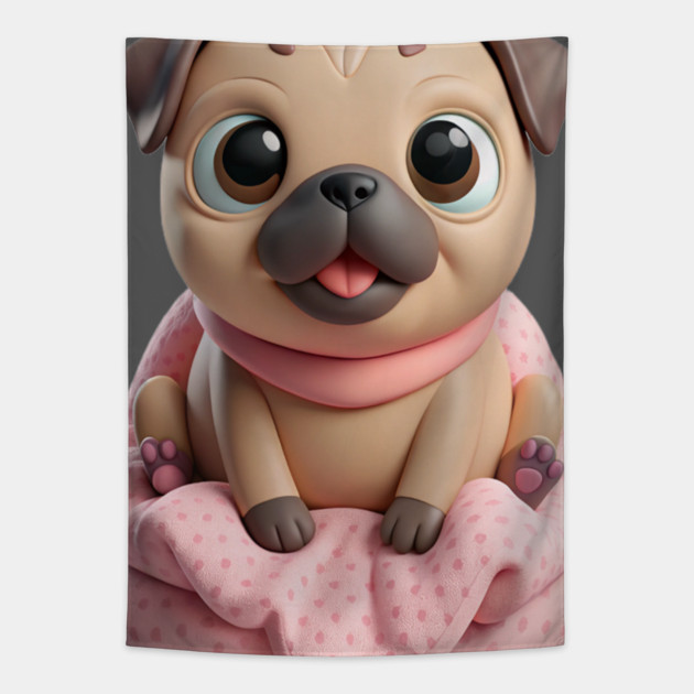 Adorable Fat Pug Puppy in Pink - Cute Cartoon Dog Art Tapestry by IamActiveDog