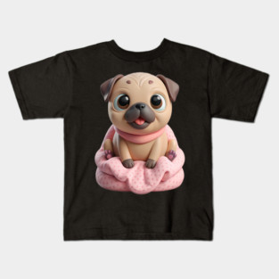 Adorable Fat Pug Puppy in Pink - Cute Cartoon Dog Art Kids T-Shirt