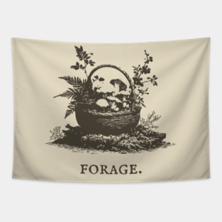 Rustic Forest Foraging Basket Illustration Tapestry