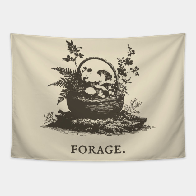 Rustic Forest Foraging Basket Illustration Tapestry by TuncGK