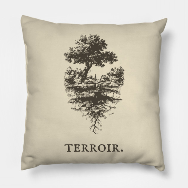 Terroir Tree and Roots Landscape Illustration Pillow by TuncGK