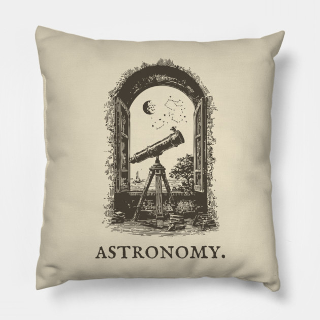 Vintage Astronomy Telescope and Stars Illustration Pillow by TuncGK