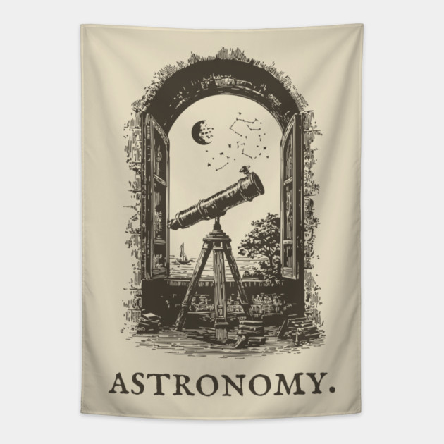 Vintage Astronomy Telescope and Stars Illustration Tapestry by TuncGK