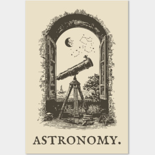 Vintage Astronomy Telescope and Stars Illustration Posters and Art