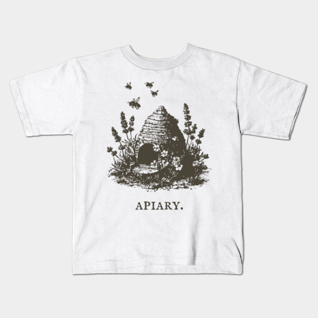 Vintage Bee Skep Apiary and Lavender Illustration Kids T-Shirt by TuncGK