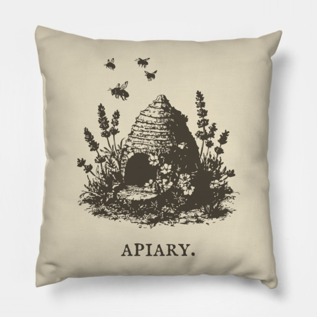 Vintage Bee Skep Apiary and Lavender Illustration Pillow by TuncGK
