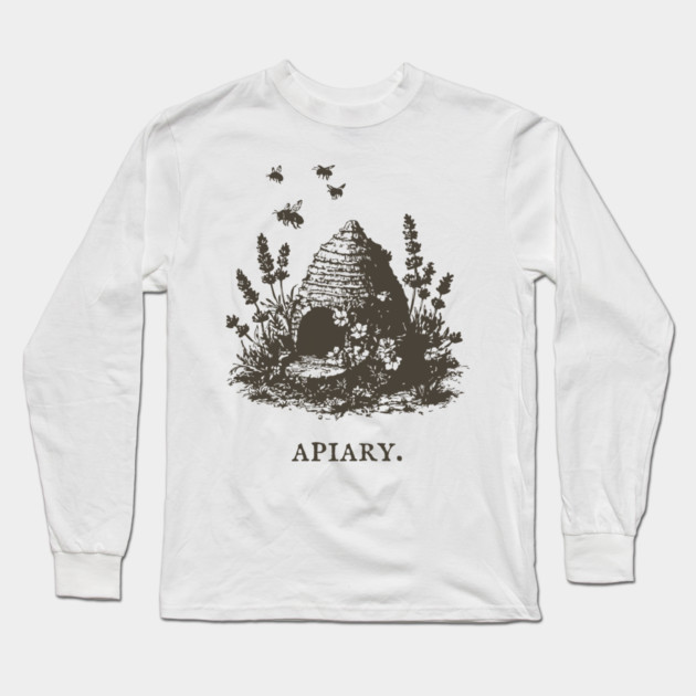 Vintage Bee Skep Apiary and Lavender Illustration Long Sleeve T-Shirt by TuncGK