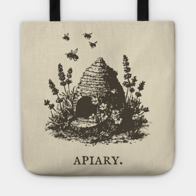 Vintage Bee Skep Apiary and Lavender Illustration Tote by TuncGK