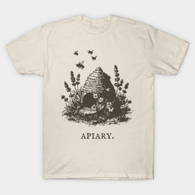 Vintage Bee Skep Apiary and Lavender Illustration T-Shirt by TuncGK