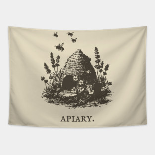 Vintage Bee Skep Apiary and Lavender Illustration Tapestry