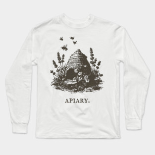 Vintage Bee Skep Apiary and Lavender Illustration Long Sleeve T-Shirt