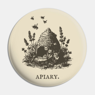Vintage Bee Skep Apiary and Lavender Illustration Pin