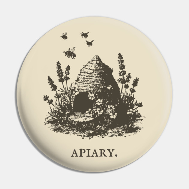 Vintage Bee Skep Apiary and Lavender Illustration Pin by TuncGK