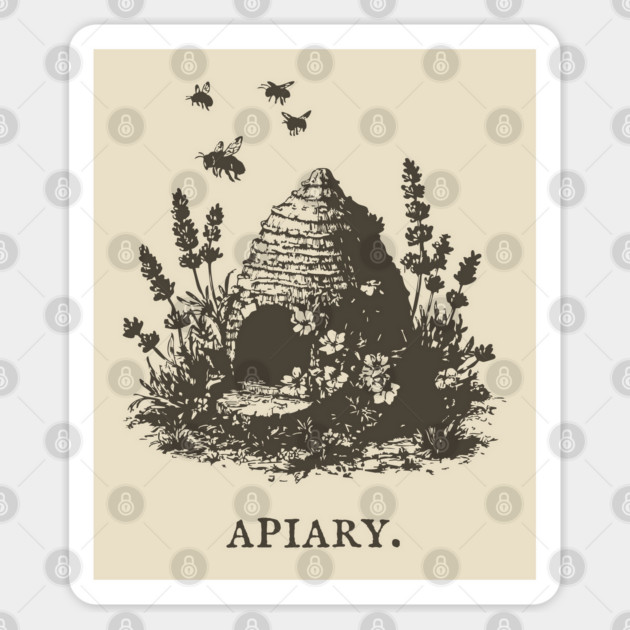 Vintage Bee Skep Apiary and Lavender Illustration Sticker by TuncGK