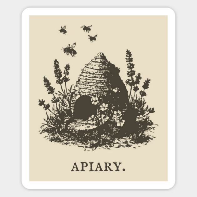 Vintage Bee Skep Apiary and Lavender Illustration Magnet by TuncGK