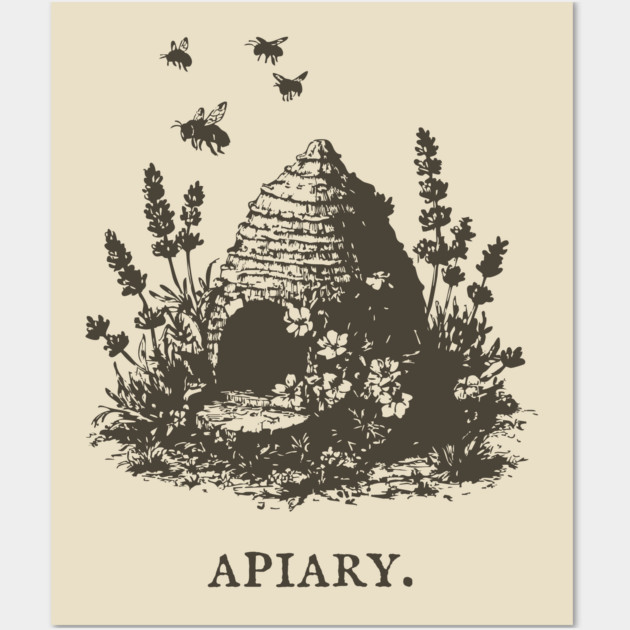 Vintage Bee Skep Apiary and Lavender Illustration Wall Art by TuncGK