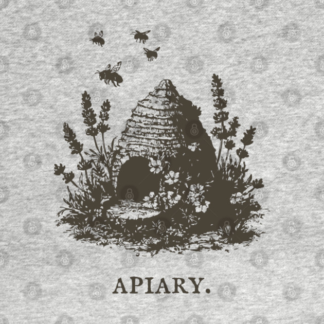 Vintage Bee Skep Apiary and Lavender Illustration by TuncGK