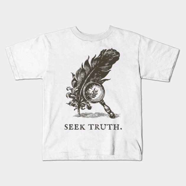 Seek Truth Magnifying Glass and Feather Illustration Kids T-Shirt by TuncGK