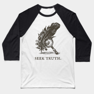 Seek Truth Magnifying Glass and Feather Illustration Baseball T-Shirt