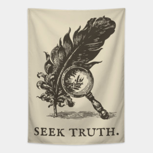 Seek Truth Magnifying Glass and Feather Illustration Tapestry