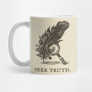 Seek Truth Magnifying Glass and Feather Illustration Mug