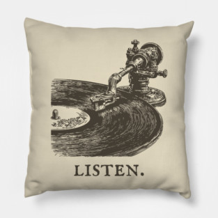 Listen Vintage Record Player Illustration Pillow