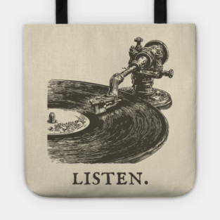 Listen Vintage Record Player Illustration Tote