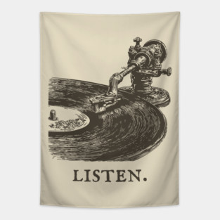 Listen Vintage Record Player Illustration Tapestry