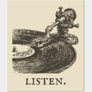 Listen Vintage Record Player Illustration Posters and Art