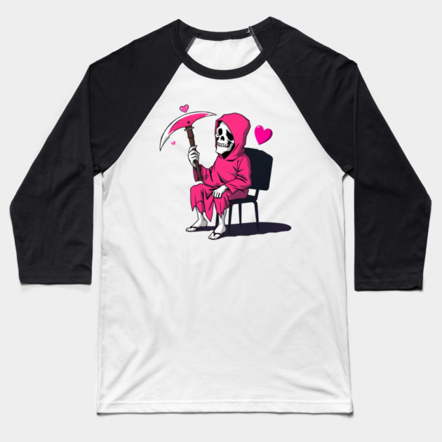 Pink Grim Reaper Sitting in a Chair Baseball T-Shirt by MCALTees
