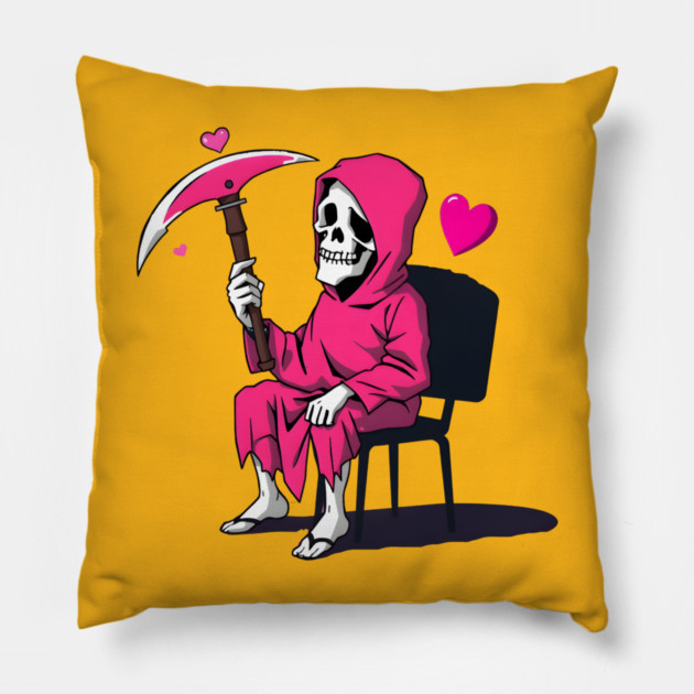 Pink Grim Reaper Sitting in a Chair Pillow by MCALTees