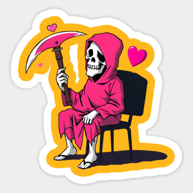 Pink Grim Reaper Sitting in a Chair Sticker by MCALTees