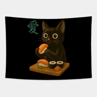 Cute Kawaii Black Cat Eating Sushi – Funny Japanese Vibes Tapestry