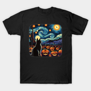 Halloween Black Cat Van Gogh Starry Night Pumpkins Bats Men Women Girls Kids T-Shirt