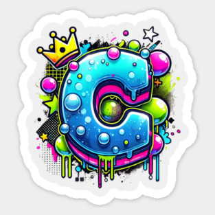 Bubble Graffiti Letter C with Crown – Neon Street Art Sticker