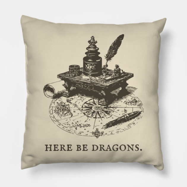 Here Be Dragons Vintage Cartographer's Desk Pillow by TuncGK