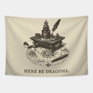 Here Be Dragons Vintage Cartographer's Desk Tapestry