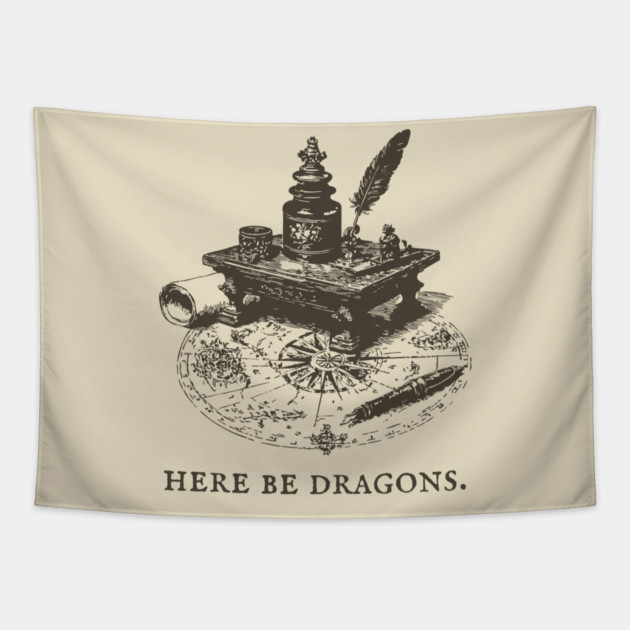 Here Be Dragons Vintage Cartographer's Desk Tapestry by TuncGK