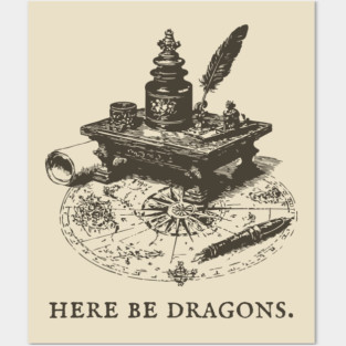 Here Be Dragons Vintage Cartographer's Desk Posters and Art