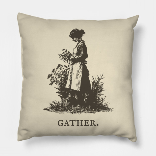 Gather Flowers in an Apron Vintage Illustration Pillow by TuncGK